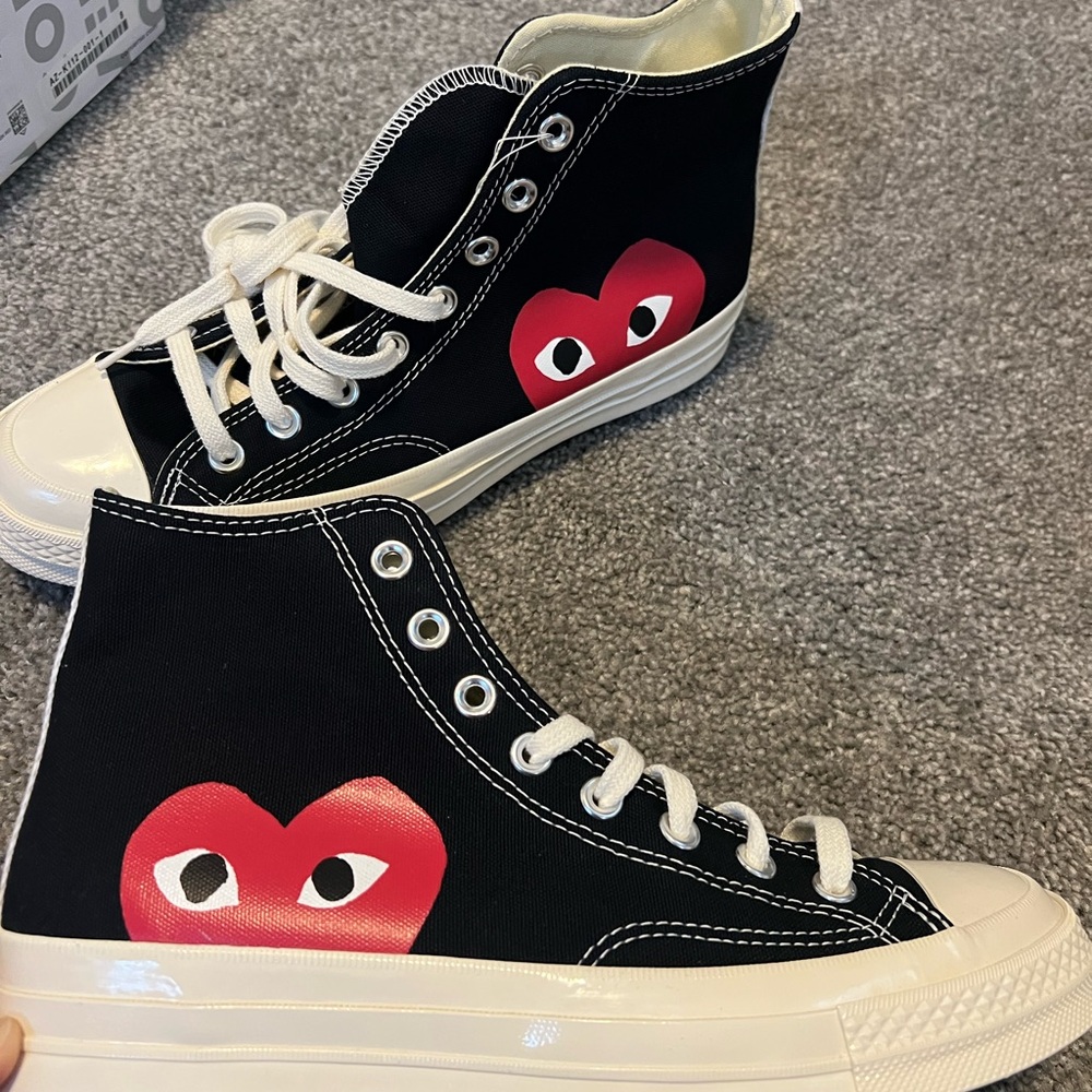 Comme des Garcons Black and Red Heart Sneakers